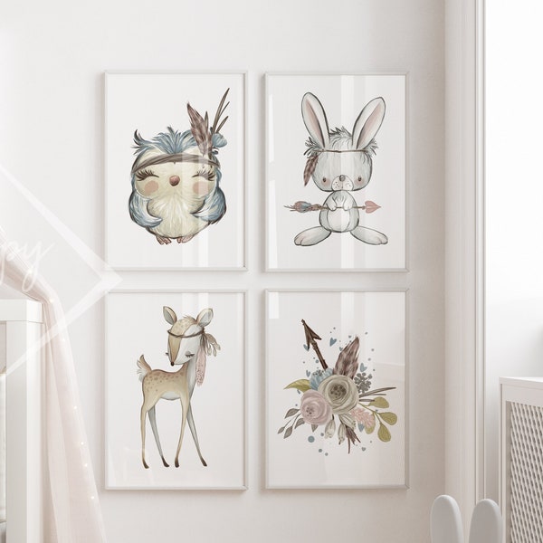 HappyArts® children's room pictures A4 for boys and girls | Watercolor Set of 4 Boho Forest Animals Wall Decoration Baby Room Poster Forest Friends Owl Deer