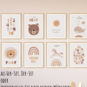 HappyArts® Kinderzimmer Bilder für Jungen und Mädchen | A4 8er Set ABC Alphabet Lernposter Einhorn Babyzimmer Regenbogen Tiere Sonne