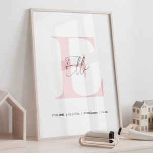 May include: A pink and white framed print with the letter "E" in pink and the name "Elli" written in cursive. The print also includes the date "17.09.2022", time "01:13 Uhr", weight "2900 Gramm", and length "51 cm".