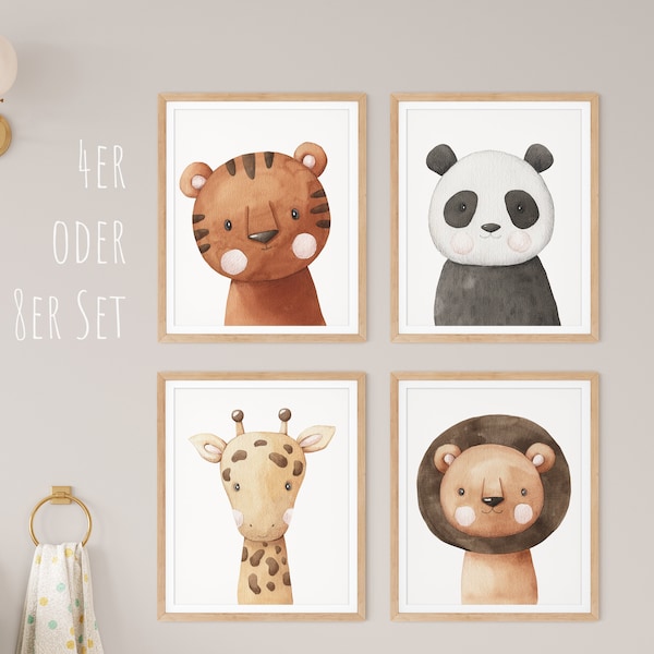 HappyArts® Kinderzimmer Bilder für Jungen und Mädchen | A4 4er/ 8er Set Safari Kinderzimmer Deko Babyzimmer Dschungel Skandinavische Tiere