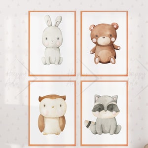 HappyArts® Kinderzimmer Bilder für Jungen und Mädchen | A4 4er/ 8er Set Eule Bär Hase Kinderzimmer Deko Babyzimmer Handgemalte Tiere