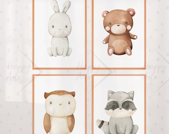 HappyArts® children's room pictures for boys and girls | A4 Set of 4/8 Owl Bear Rabbit Children's Room Decoration Baby Room Hand Painted Animals