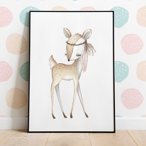 HappyArts® Poster Wandbild Boho Reh Federn Indianer A4 Waldtiere Portrait Aquarell Bilder Kinderzimmer Deko Babyzimmer Taufgeschenk Geburt