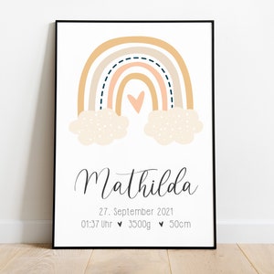 HappyArts® Cartel de nacimiento Niños Niñas Anuncio de nacimiento A4 A3 DIY Mesa de nacimiento Rainbow Baby Room Clouds Scandinavian Gift Birth