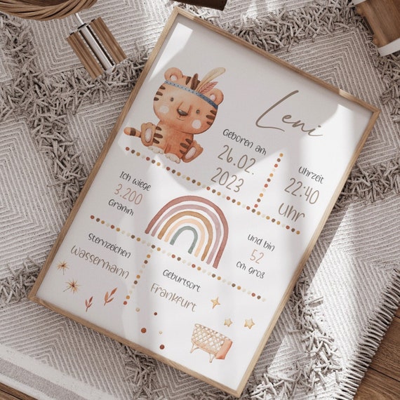 HappyArts® Namensposter personalisiert Wandbild Geburtsposter Geburtstafel Name Kinder Boho A4 A3 Taufgeschenk ohne mit Bilderrahmen