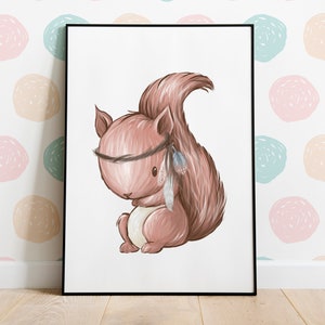 HappyArts® Poster Wandbild Boho Eichhörnchen Federn Indianer A4 Waldtiere Portrait Aquarell Bilder Kinderzimmer Deko Babyzimmer Taufgeschenk