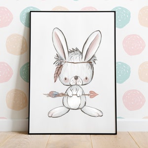 HappyArts® Poster Wandbild Boho Hase Federn Indianer A4 Waldtiere Portrait Aquarell Bilder Kinderzimmer Deko Babyzimmer Taufgeschenk Geburt
