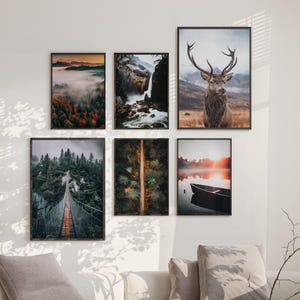 May include: A set of six framed nature photographs. The photos include a foggy forest, a waterfall, a forest path, a lake with a boat, a forest with a suspension bridge, and a red deer in a field.