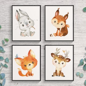 HappyArts® Kinderzimmer Poster Set Bilder für Jungen und Mädchen | A4 4er Set Waldtiere Wandbilder Babyzimmer Waldtiere Reh Fuchs