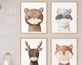HappyArts® children's room pictures for boys and girls | A4 Set Forest Animals Children's Room Decoration Baby Room Forest Animals Poster Scandinavian Animals