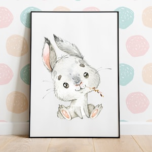 HappyArts® Poster Wandbild Baby Hase A4 Waldtiere Portrait Aquarell Bilder Kinderzimmer Deko Babyzimmer Woodlands Taufgeschenk Geburt