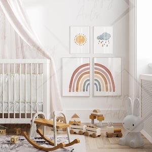 HappyArts® Kinderzimmer Bilder für Jungen und Mädchen | A4 & A3 4er Poster Set Regenbogen Boho Wandbilder Deko ohne mit Rahmen
