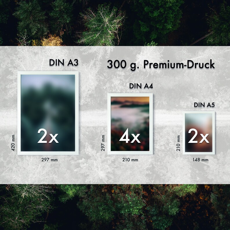 May include: A comparison of three different sizes of prints, DIN A3, DIN A4, and DIN A5. The prints are shown with a blurred image of a forest scene. The text "2x" is shown on the DIN A3 and DIN A5 prints, and the text "4x" is shown on the DIN A4 print. The text "300 g. Premium-Druck" is shown at the top of the image.