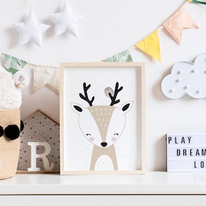 HappyArts® Poster Wandbild Baby Reh A4 Waldtiere Portrait Skandinavische Tiere Bilder Kinderzimmer Deko Babyzimmer Taufgeschenk Geburt