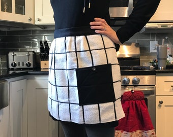 Black and White-Terry Towel Apron Pleated with 40" Ties