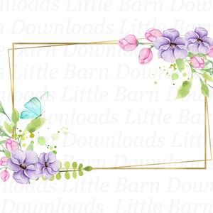 Rosa und Flieder Blumen Auf Goldrahmen PNG, Rahmen Clipart, Florale Sublimation, Wasserschiebefolie Abziehbilder, druckbare Transfers