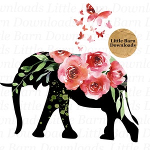Floral Elephant With Butterflies PNG, Elephant Silhouette, Sublimation Graphics, Elephant Transfers, Waterslides, Elephants PNGS, Roses