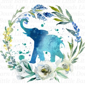 Elefante bebê floral, elefante com flores, clipart de animais, silhuetas de elefantes, sublimação, gráficos de toboágua, flores azuis, floral