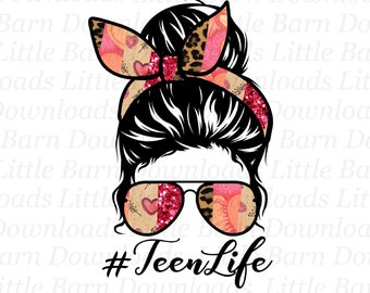 Teen life clipart, teenager png, teen messy bun, digital waterslides, sublimation graphics, leopard print designs, transparent backgrounds