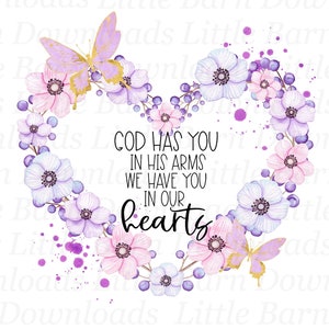Deus te tem em seus braços PNG, Clipart Memorial, PNG de Luto, Presentes de Condolências, Sublimação em Memória Amorosa, Toboáguas Digitais, Lilás