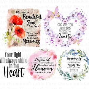 Frases conmemorativas PNG, imágenes prediseñadas de In Loving Memory, paquete de sublimación, tobogán de agua digital, sublimación conmemorativa, flores, mariposas - BZ016