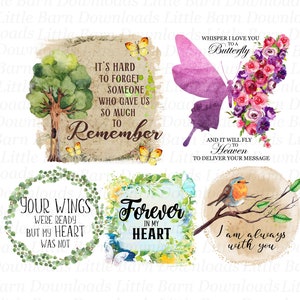 Frases conmemorativas PNG, imágenes prediseñadas de In Loving Memory, gráficos de sublimación, diseños digitales, flores, mariposas, árboles, pérdida, funeral - BZ016