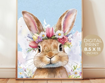 Lámina de conejito para pared: Conejo floral para habitación infantil, imprimibles de Pascua (descarga instantánea) - BZ154