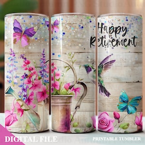 Fichier de sublimation de gobelet de retraite de 20 oz au format PNG, documents imprimables pour retraités, gobelets droits sans couture, cadeau pour retraité, colibri