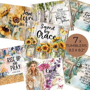 May include: A collection of seven tumblers, each featuring unique designs. The tumblers showcase floral arrangements, inspirational quotes, and religious themes. The dimensions are 9.3 x 8.2 inches. The designs include sunflowers, butterflies, and the text "Saved by Grace."