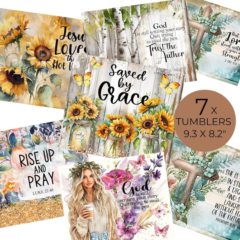 May include: A collection of seven tumblers, each featuring unique designs. The tumblers showcase floral arrangements, inspirational quotes, and religious themes. The dimensions are 9.3 x 8.2 inches. The designs include sunflowers, butterflies, and the text "Saved by Grace."