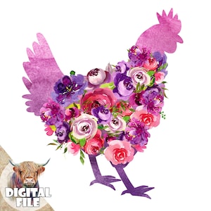 Floral Chicken PNG File for Sublimation, Hen Clipart, Rooster Sublimation Graphics, Kitchen Wall Art, Instant Download, Easter Clipart