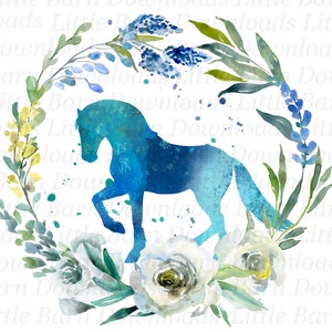 Clipart cheval floral, cheval sur fichier de sublimation fleurs bleues, transferts équins, cadeaux équestres, pngs pour amoureux des chevaux, imprimables chevaux