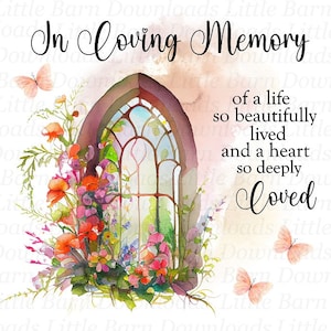 En memoria amorosa PNG, clipart conmemorativo, vidrieras de iglesias, gráficos de sublimación, descarga instantánea, diseños de tarjetas de condolencias
