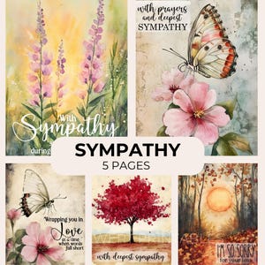 May include: A collection of five sympathy cards with watercolor illustrations. The cards feature floral designs, butterflies, and a tree, with phrases like "With Sympathy" and "I'm so sorry for your loss."