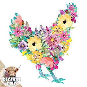 Clipart poulet au Format PNG pour sublimation, silhouette florale, coq à imprimer, téléchargement immédiat, transferts de cuisine, fichier PNG de Pâques