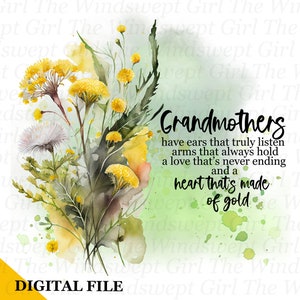 Imágenes prediseñadas de abuela, gráficos de sublimación de abuela, archivo PNG del Día de la Madre, descarga instantánea, fondo transparente, flores amarillas