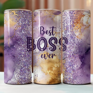 El mejor vaso de sublimación Boss de 20 oz, vaso digital con toboganes de agua, vaso Boss Skinny, vaso morado y dorado con purpurina.