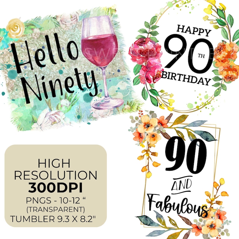 90th Birthday Clipart: PNG for Sublimation, 90th Tumbler (INSTANT ...