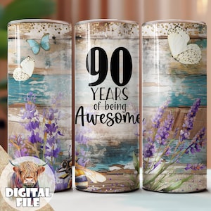 90 anos de design incrível para sublimação de copos, copo de 90º aniversário, sublimação de aniversário, copos digitais de 20 onças, sem costura, florais