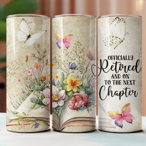 Vaso delgado de 20 oz con texto "Oficialmente retirado" en el siguiente capítulo, descarga de sublimación de vaso PNG, vaso sin costuras, vaso de jubilación