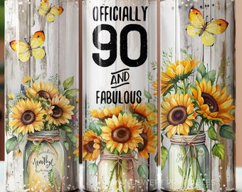90th Birthday Tumbler Design: Sunflowers and Butterflies (INSTANT DOWNLOAD) - BZ013