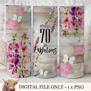 70 et fabuleux gobelet maigre 20 oz PNG téléchargement par sublimation, gobelet d'anniversaire transparent, numérique, clipart joyeux anniversaire 70e anniversaire, instantané