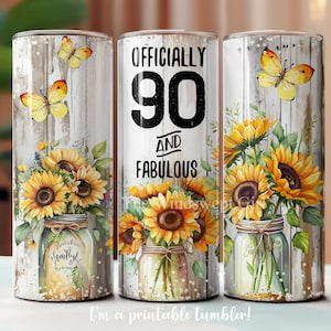 Gelukkige 90e verjaardag 20oz beker png sublimatie downloaden, NAADLOZE verjaardag beker, digitaal, 90 en fantastische clipart, zonnebloemen in vazen