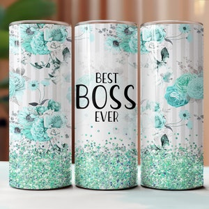 Clipart Meilleur patron de tous les temps, gobelet à sublimation 20 oz, toboggans aquatiques, gobelets skinny, cadeau pour collègue, paillettes turquoise