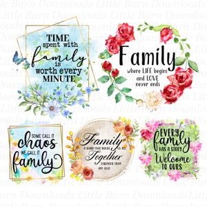 Familie Sprüche Bundle PNG, Familie DIGITAL, Familie PNGs, Sublimationsgrafiken, Wasserschiebetransfers, druckbare Aufkleber, Floral - BZ008