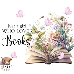 Girl Who Loves Books Clipart: Reading Sublimation PNG (Digital Download)