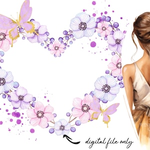 Marco de flores lilas con mariposas PNG, corona floral de sublimación PNG, descarga instantánea, clipart de marco, diseños de sublimación, boda PNG