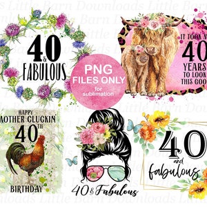40. Geburtstag PNG-Bundle, Sublimationsgrafiken, Wasserschiebefolie Transfers, Geburtstag Clipart, druckbare Abziehbilder - BZ009