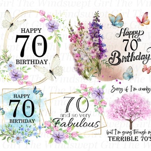 70er Geburtstag Clipart, Sublimationsdatei, Sofort Download, Geburtstagswünsche, PNG Dateien, Geburtstag Printables, Drucke, Blumen - BZ009