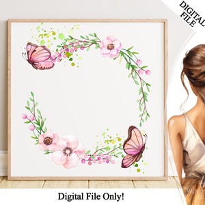 Marco floral rosa con mariposas en formato PNG para sublimación, imágenes prediseñadas de marco, flores de boda, imágenes prediseñadas de aniversario, descarga instantánea